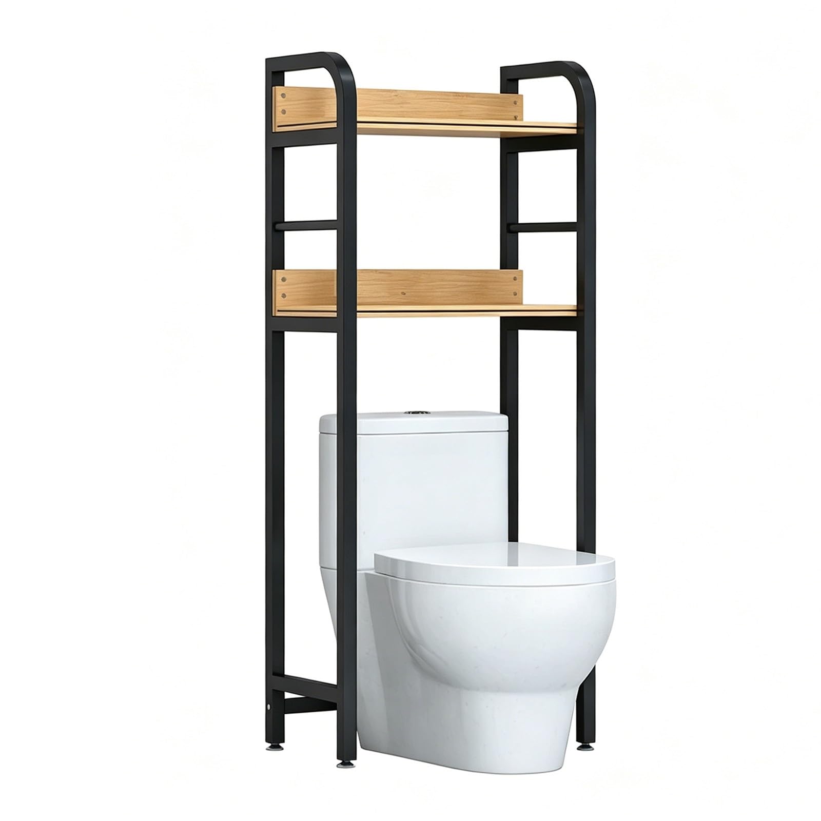Freestanding Over Toilet Storage Shelf, No Drilling Bathroom Organizer, 2-Tier Metal Space Saver Rack, Adjustable Shelf for Small Space(2-tier,Black+Oak 19.7x11.4x55.1in)