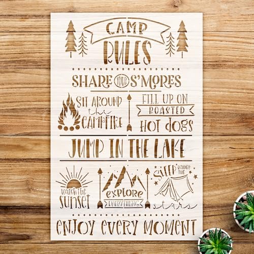 Camping Rules Stencil for Wood Signs and Outdoor Decor, Reusable Mylar Template, Ideal for DIY Projects and Home Decoration - Size A4 (7.4