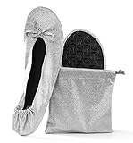 Women's Glitter Foldable Ballet Flat Roll Up Slipper Shoes (Silver-Sparkle, Large)