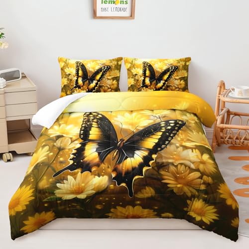 Image of AILONEN Girls Butterfly Comforter Set Full Size,Yellow Sunflowers Bedding Set for Bedroom Decor,3-Piece Nature Theme Floral Quilt with 2 Pillowcases