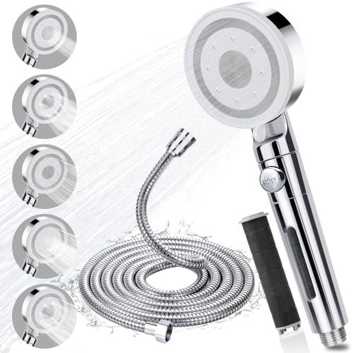 BEIJIE Shower Head and Hose 2M, High Pressure Shower Head Filter 5 Modes, Universal Shower Heads with Pause Switch, Handheld Water Saving Shower Head to Increase Pressure for Home Gym Use (Silver)