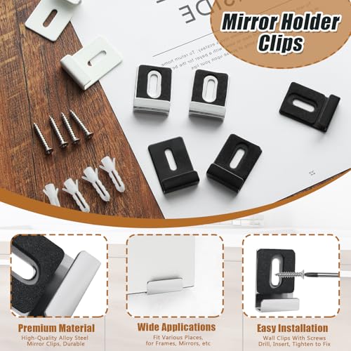 Image of 8 Packs Metal Mirror Holder Clips, Silver, with Rubber Pads | 1 /4 inch Heavy Duty, Mirror Hanging Kit, With Screws, Billboard Display