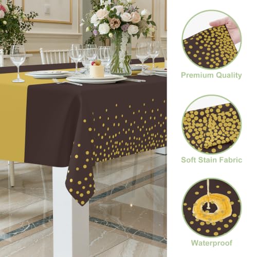 Image of Smiry Plastic Table Cloth Disposable 4 Pack, 54 x 108 Inch Rectangle Waterproof Tablecloth, Printed Gold Table Runner Style for Birthday Weeding, Party Decorations, Leakproof & Sturdy, Gold and Coffee