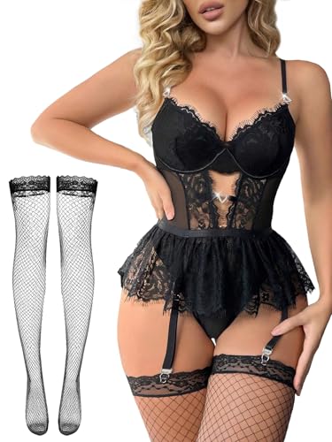 Women Lingerie Set Naughty Lace Bodysuit High Waisted Underwire Lingerie Babydoll With Garter Belt and Stockings
