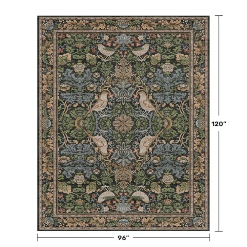 Image of Hazo Haus Dark Living Room Rug 8x10 - Large Washable Vintage Floral Area Rugs for Dining Room, Bedroom, Traditional Antique Style, Birds and Leaves Nature Design, Non-Slip Low Pile (Dark Green /Brown)