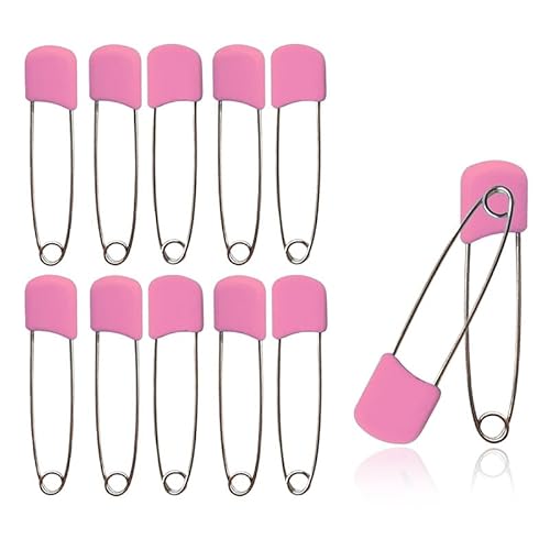 12 Baby Nappy Safety Pins, 2.2 Inch Diaper Plastic Push-in Pins, 55mm Durable Head Fasteners with Safety Lock Closures, Stainless Steel, Ideal for Terry Squares, Flat and Prefold Nappies (Pink)