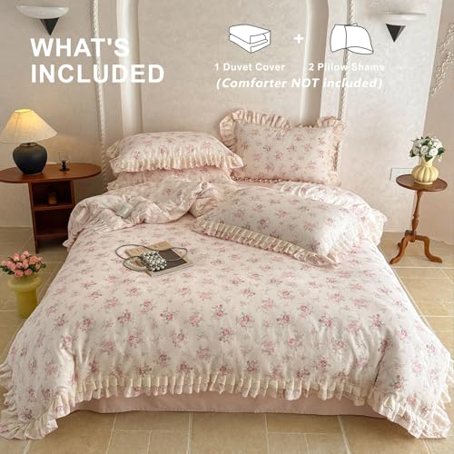 Image of VM VOUGEMARKET Lace Ruffled Duvet Cover Set Twin,Vintage Pink Rose Flower Bedding Set,Double-Layer Gauze Cotton Soft,Breathable & Lightweight for Girls-68 x86