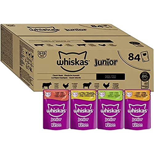 WHISKAS Repas pour Chaton - 84 Sachets Fraîcheur de 85g - Pâtée pour Chat Junior en Sauce - Les Festins à la Volaille (4 Variétés) – Nourriture Humide Complète & Equilibrée pour une Croissance Saine