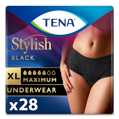 TENA Stylish Black Incontinence Cotton Underwear for Women, Maximum Absorbency, XLarge, 28 ct (2 Packs of 14)