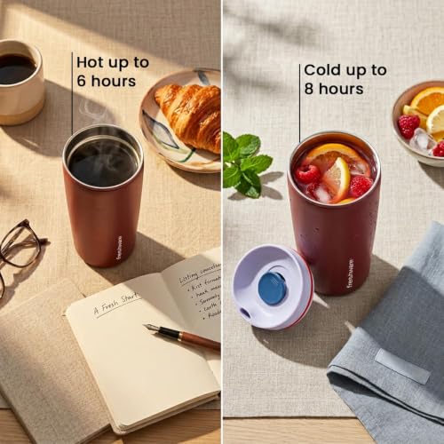 Image of Frenchware AeroMug Insulated Stainless Steel Coffee Tumbler, 600 ml | Smooth Sip Slider, Reusable, Hot & Cold Coffee Travel Mug, Dark Merlot