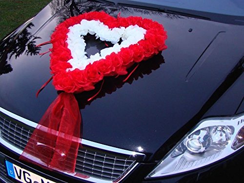FEST HERZE Auto Schmuck Braut Paar Rose Deko Dekoration Autoschmuck Hochzeit Car Auto Wedding Deko Kirche Haus Halle PKW (Rot/Weiß)