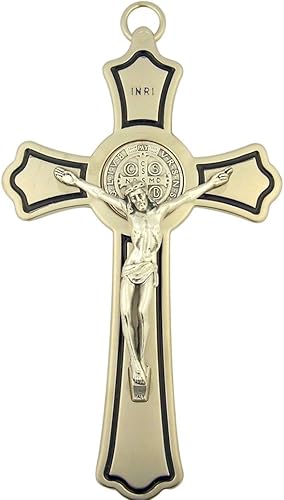 Religious Gifts Crucifijo de pared de San Benito de níquel cepillado con contorno de esmalte negro, 8 pulgadas, Metal
