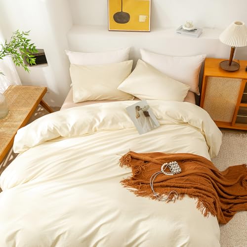 Image of ECOCOTT Duvet Cover Queen Size - 3 Piece 100% Washed Cotton Bedding Set, Soft and Breathable with Zipper Closure & 8 Corner Ties - Comfortable and Stylish for All Seasons (Cream)