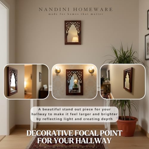 Image of Handcrafted Traditional Brown Rajasthani MDF Wooden Mirror Jharokha Wall Art | Heritage Boho Vintage Style Decorative Wall Hanging for Living Room & Home Interiors (Brown Rajasthani)