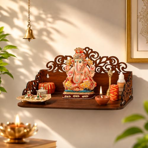 Image of Gift Kya De Wooden Pooja Mandir for Home Wall | Small Temple for Office & Room | Indian Wooden Temple for Table or Shelf | Compact DIY Mandir | 12x9x6 Inch | Classic Design