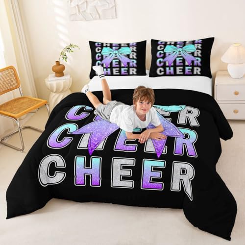 Image of Feelyou Cheer Bedding Set Soft for Boys Girls, Blue Purple Bowknot Comforter Set Toddler Size Sport Cheerleader Duvet Quilt Microfiber Cheerleading Bedroom Decor 2 Pcs with 1 Pillow Cases