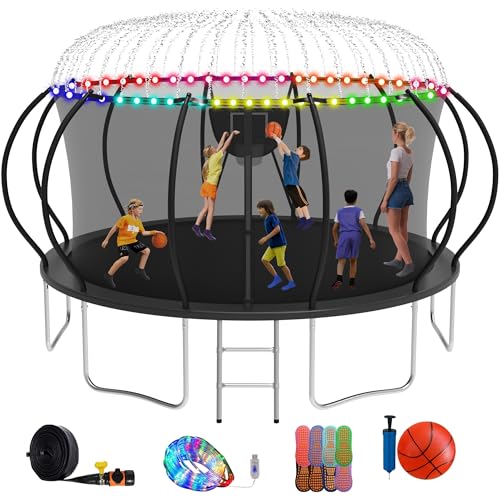 XMIKA 1500LBS Outdoor Tranpoline 16FT 14FT 12FT Tranpolines with Light+Sprinkler Enclosure Ladder Curved Poles Recreational Tranpoline - ASTM Approved- Capacity for 6-10 Kids