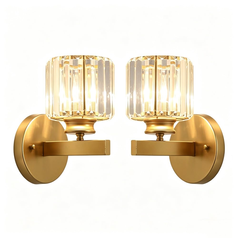 ITOSUI Crystal Wall Sconce, Gold Wall Lamp, Crystal Shade Lighting, Art Deco Mid-Century Fixture, Wrought Iron Brass E26 Base for Bedroom Bedside, Hallway, Entryway, Study Decor(2-Pack)