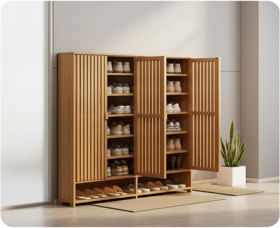 ムムエルフ 靴棚多段収納 玄関整理 竹製 スライド式扉 ホームライブラリー兼用 自然木調 省スペース 家庭用 大容量 靴整理専用家具