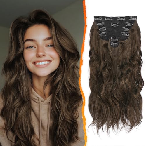 BARSDAR Clip en Extensiones de Cabello Marrón, 6 Piezas Ondulado Extensión de Pelo Clip en 40cm Rizado Natural Sintético Cabello Extensiones Postizos para Mujer   Marrón