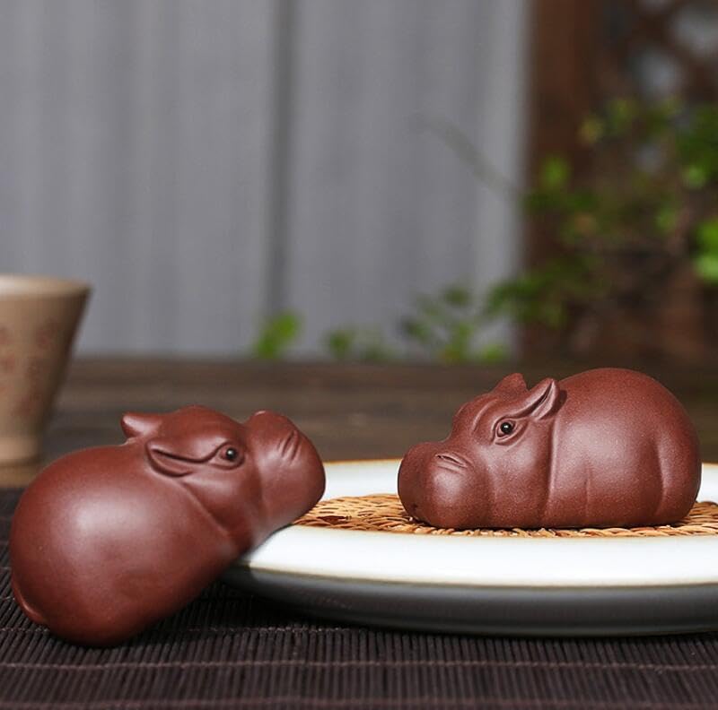 EatingBiting 2.96"" Zisha Tea Pet Cute Hippo Statue Purple Clay Chinese Kungfu Tea Ceremony Decor Little Hippo Handmade Couple Tea pet Purple Sand can Raise Tea to Play Tea Set Ornaments, 3”