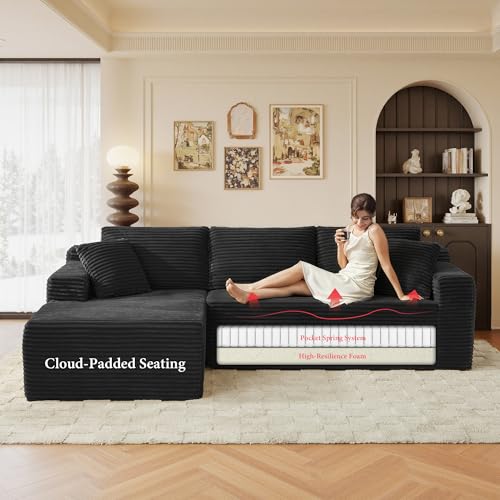 Image of 96 inch Sectional Couches for Living Room Cloud Couch Sofa with L-Shape Upholstered Boneless Couchs Modern Modular Sectional Couch with Chaise (Black, 95 inch W+Left Facing Chaise+2Seaters)