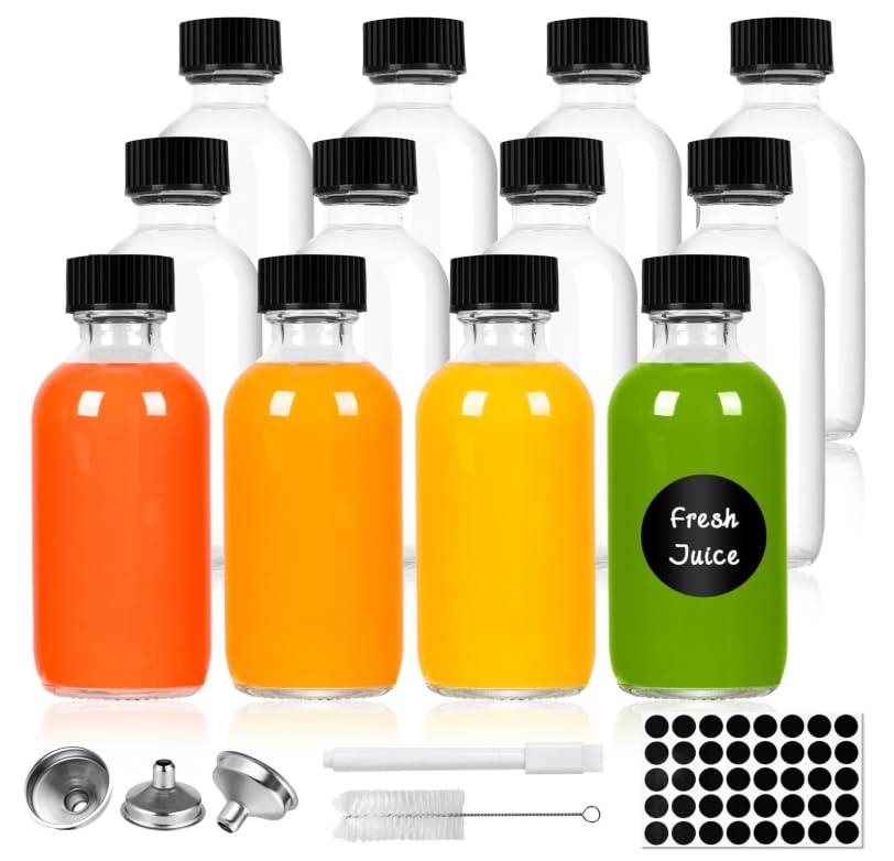 Avernest Paquete de 12 Botes Cristal Pequeños, Mini Botellas Licor de 60 ml, Botellitas Pequeñas para Rellenar, Botes de Cristal con Tapa para Jugos, Aceites, Licores y Salsas