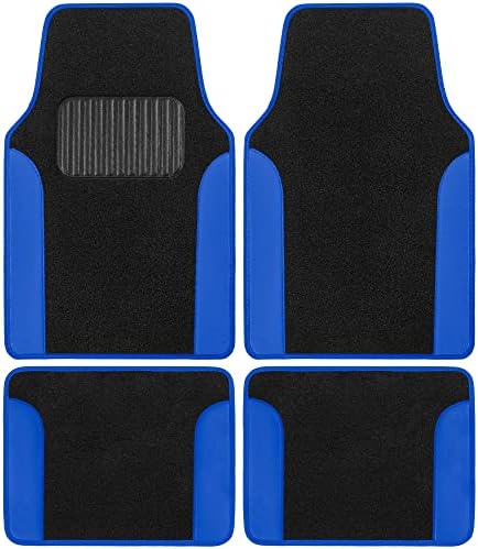 BDK Carpet Floor Mats for Cars, Two-Tone Carpet Car Mat with Faux Leather Accents, Automotive Floor Mat Sets with Built-in Heel Pad, Stylish Interior Car Accessories Blue