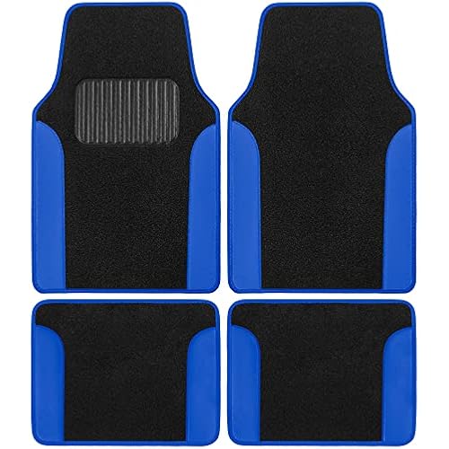 BDK Carpet Floor Mats for Cars, Two-Tone Carpet Car Mat with Faux Leather Accents, Automotive Floor Mat Sets with Built-in Heel Pad, Stylish Interior Car Accessories Blue
