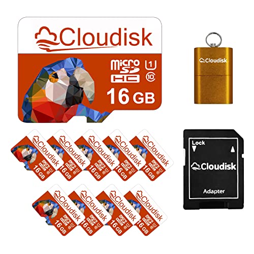 Cloudisk Parrot-Prime Micro SD�J�[�h 10���p�b�N 16GB �t���b�V���������J�[�h C10 A1 U1 Micro SDHC SD�J�[�h�A�_�v�^�[�t�� �J�[�h���[�_�[(16GB)