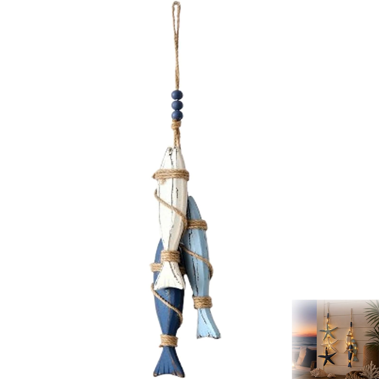 Mediterranean Nautical Wall Hanging Decor, Wooden Starfish and Fish Hanging Ornament, Coastal Nautical Beachy Rope Decor with Warm LEDs for Home, Restaurant, Bathroom, Ocean Wall Art (Fish)