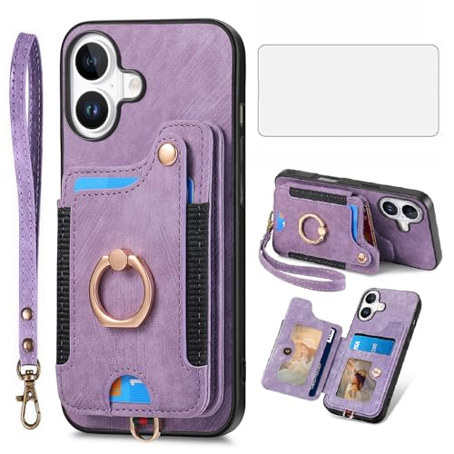 Coque iPhone 16 Plus portefeuille antichoc avec protection écran verre trempé et support bague