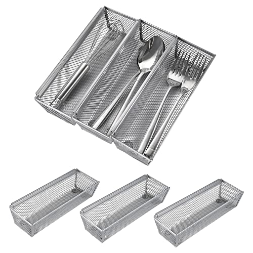 Faridabio Organizador de cajones de malla, organizador de cubiertos para utensilios de cocina, bandeja de cubiertos con malla de acero entrelazada, organizador de cubiertos de metal, color plateado (6