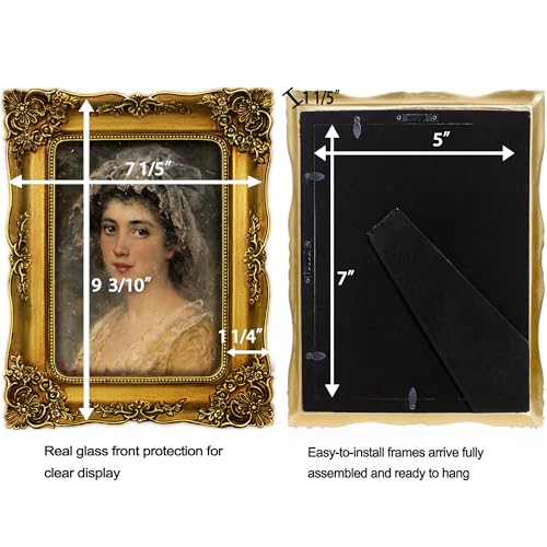 Image of Victorian Picture Frames 5x7 Gold Picture Frame Vintage Ornate | Tabletop or Wall Hanging, Real Glass