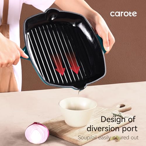 Image of CAROTE Enamel Cast Iron Grill Pan 10.5 Inch, 27cm-Blue, Even Heat Distribution, Gas & Induction Compatible, Oven & Grill Safe,Non-Toxic & Durable Cookware,Ideal for Kebabs & Tikkas