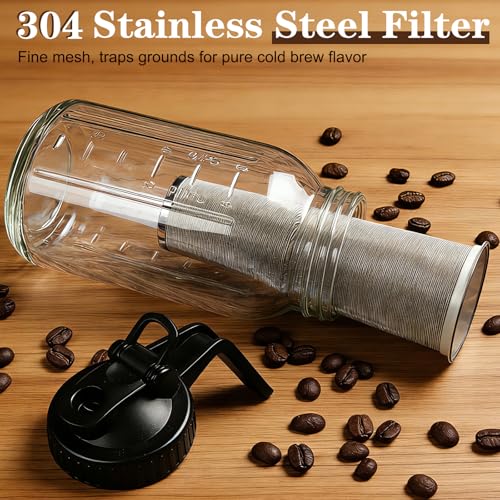 Image of Cold Brew Coffee Maker, 64oz Mason Jar Pitcher with Airtight Lid and Stainless Steel Filter, 2 Quart Wide Mouth Glass Jar Cold Brew Coffee Kit Tea Infuser Pitcher, Coffee Lovers Gifts for Men /Women