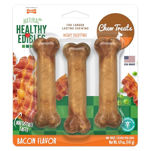 Image of Nylabone Healthy Edibles Natural Dog Chews Long Lasting Bacon Flavor Treats for Dogs, Small /Regular (3 Count) | Natural dog chew bones, made in USA, highly digestible, vet recommended, long lasting chews for small dogs up to 25 lbs