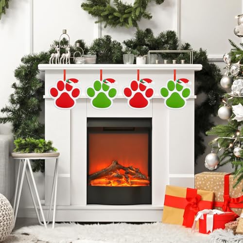 2024 Dog Paw Christmas Ornaments Personalized Paw Print Christmas Tree Hanging Ornament Dog Red and Green Paw Christmas Tree Decorations Xmas Tree Hanging Gifts Reusable PVC Rubber First Keepsake 2PC