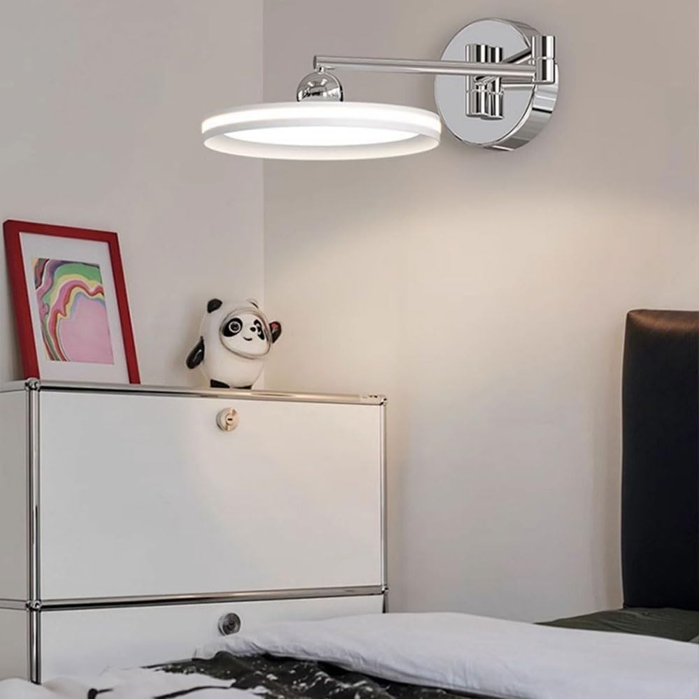Chromowana lampa ścienna z wysięgnikiem, ultracienka metalowa lampa ścienna z akrylowym kloszem, chowany regulowany kinkiet, okrągłe kinkiety, nowoczesne kinkiety LED – 30 W – 3 kolory
