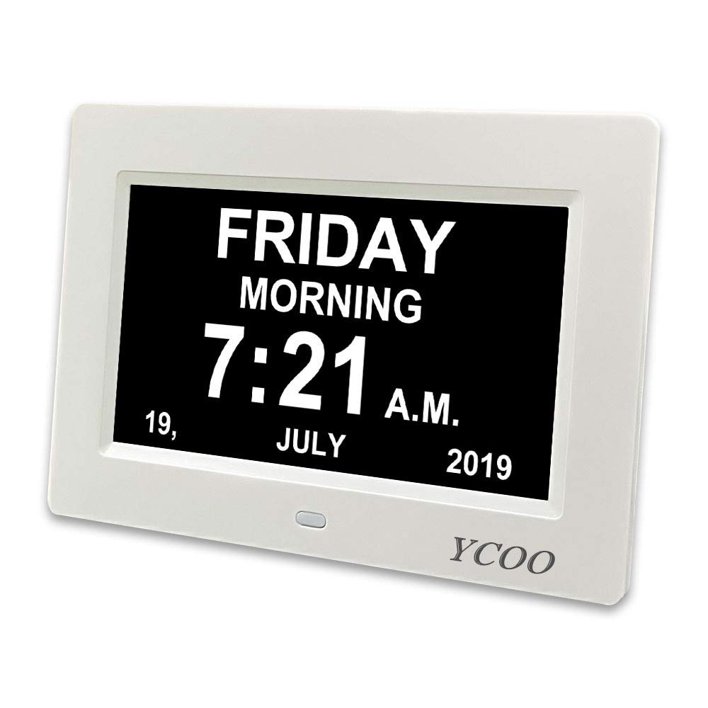 YCOO [Nuova versione] Orologio digitale con calendario con display digitale da 7 pollici, 12 allarmi per persone che vivono con demenza, perdita di memoria e Alzheimer (7 pollici bianco)
