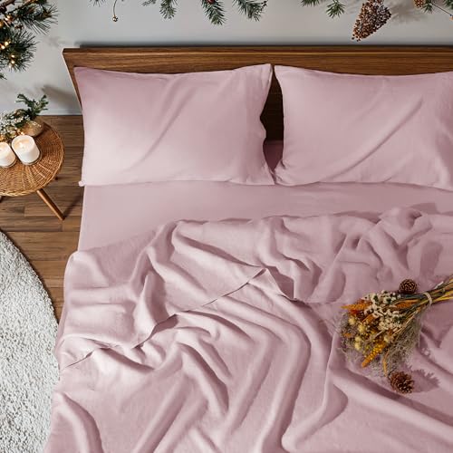Image of 100% Pure Linen Sheet Set for Hot Sleepers, Breathable Natural Linen Sheets 4pcs, Bedding Set Deep Pocket Up to 16 inch Moisture-Wicking, Softens with Every Wash (Embroidery Purple, King)