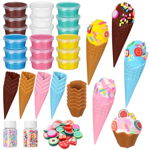 Shappy 51 Pcs Air Dry Clay Kit Ice Cream DIY Craft Kit 24 Cones 24 Air Dry Clay Packs 3 Decorative Sets Sweet Magic Modeling Crafts for Summer DIY Party Gift Indoor Outdoor Holiday Decoration
