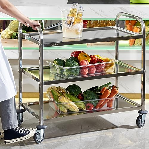 CURTA Stainless Steel Serving Trolley, 38" L x 20" W x 37" H 3 Tiered Shelf Kitchen Utility Cart, Rolling Casters Brake Wheel, Commercial Pro for Restaurant/Hotel/Lab/Clinic/Salon/Workshop by CURTA - Image 3