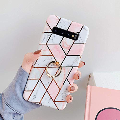 Saceebe Compatible with Galaxy S10 plus Silicone TPU,Glittered case TPU Soft Silicone Marble Pattern Soft Shell TPU with Finger Ring Bracket Protective Shell Case Cover [Anti-Scratch],Pink white