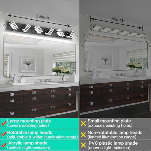 Image of SOLFART Modern Black Vanity Lights Fixtures: 6 Lights Acrylic LED Matte Black Vanity Lights for Bathroom 39inch