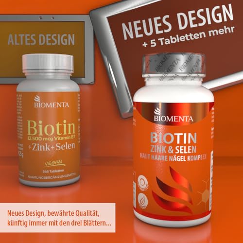 BIOMENTA Biotin + Zink + Selen - Haut + Haare + Nägel Komplex - 12.500 mcg Vitamin B7 / Stck. - 370 Biotin Tabletten hochdosiert + vegan - Premiumqualität