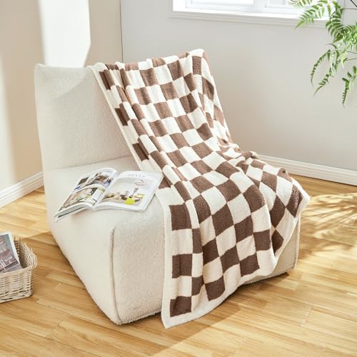 Image of CozeCube Brown White Reversible Checkered Knit Throw Blanket 50 inchx60 inch