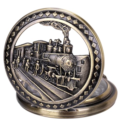 Image of SIBOSUN Antique Men Pocket Watch with Chain Oversized 50MM 1.96 Inch 3D Locomotive Steam Train Railroad Hollow + Box