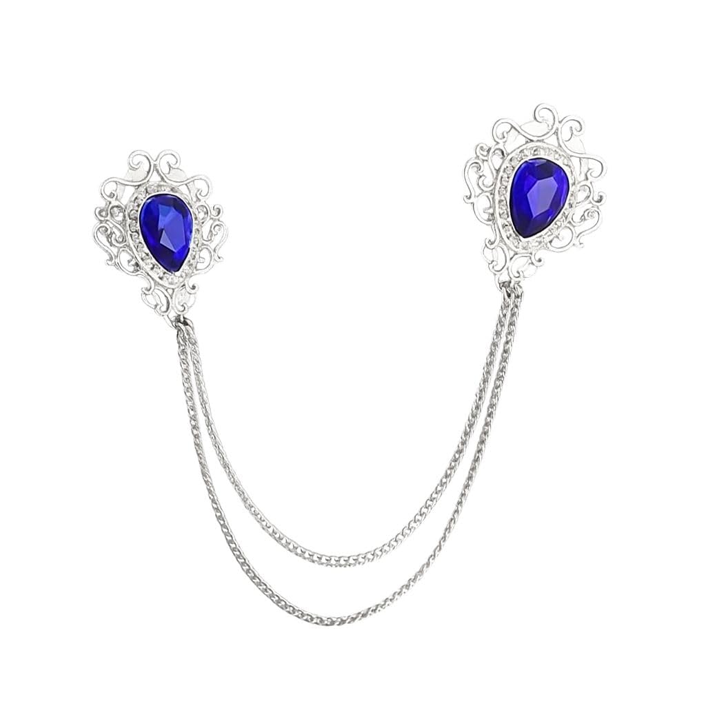 Men's & Women Suit Shirt Stud Lapel Pin Chain Tassel Brooch Pin with Crystal Chain(Blue Diamond)-image-48