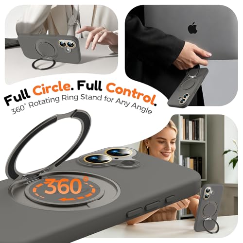 Image of Silicone 360 Spin Magnetic Stand Case for iPhone 17, [Compatible with Mag-Safe][Reinforced Hard Camera Protection] Liquid Silicone Rubber Phone Case Cover with Ring, Camera Button, Slate Gray
